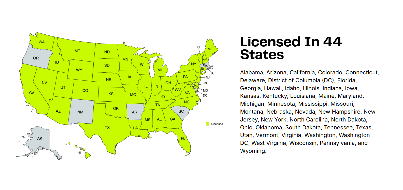 Map and list showing Gatlan licensed coverage in 44 states